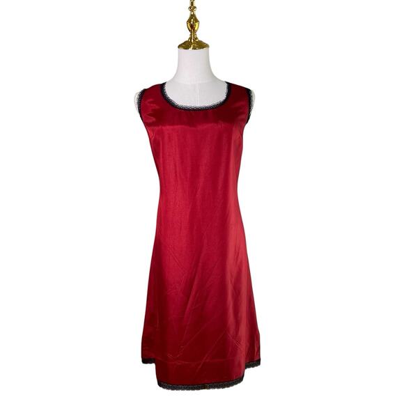 Vintage 60s Whimsigoth Silky Red Taffeta Black Lace Full Slip Dress Women Size M - Picture 3 of 9